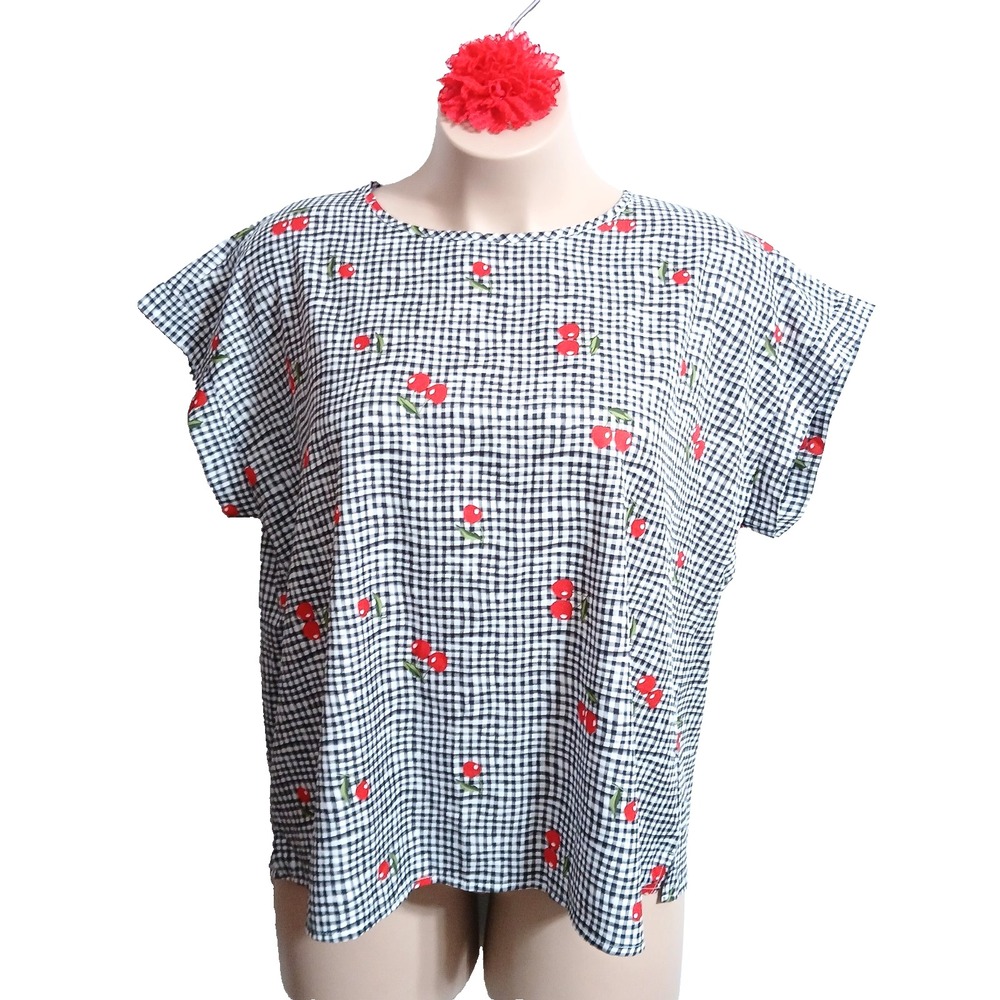 Cherry Checker Print Top Women Plus 2X Black White Red Retro Boxy Novelty Fruity